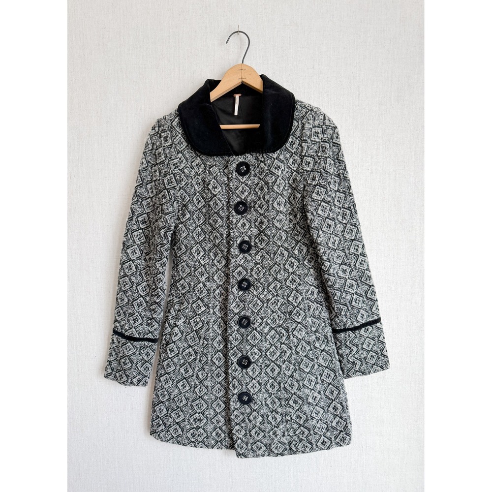 Free People Geometric Diamond Knit Coat Black Velvet Collar Mod Retro‎ Womens S